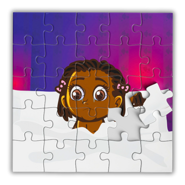  The Wooden Jigsaw features an image from Grandma What’s That? Barbados. Nine Mile Baby, Zai Zai has big sad eyes and braided hair with pink bows. Zai Zai is upset as she thought her siblings were going to leave her.  